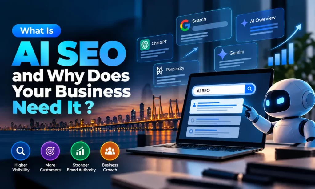 AI SEO strategy showing AI-powered search, ChatGPT, Gemini, and business growth