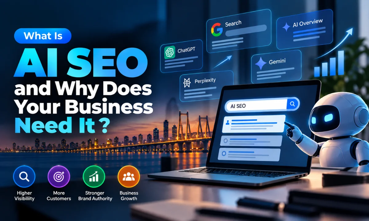 AI SEO strategy showing AI-powered search, ChatGPT, Gemini, and business growth